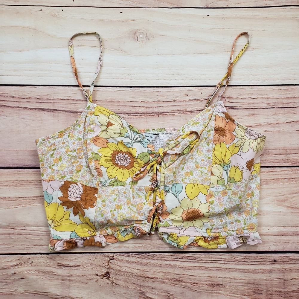 American Eagle Outfitters Floral Crop Tank Top in Yellow, Brown, Cream